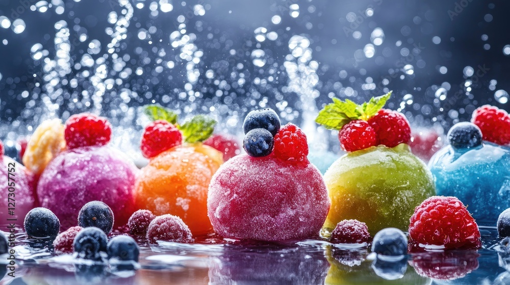 Poster frozen desserts in various vibrant colors, with fresh berries and a splash of water in the backgroun