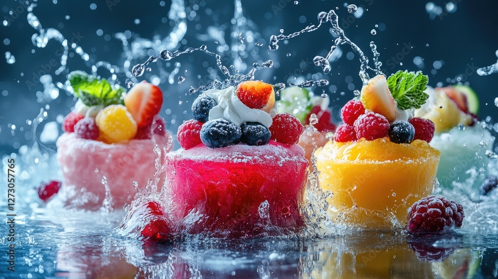 Poster frozen desserts in various vibrant colors, with fresh berries and a splash of water in the backgroun