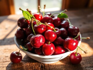 Bowl of Fresh Cherries on Wooden Table