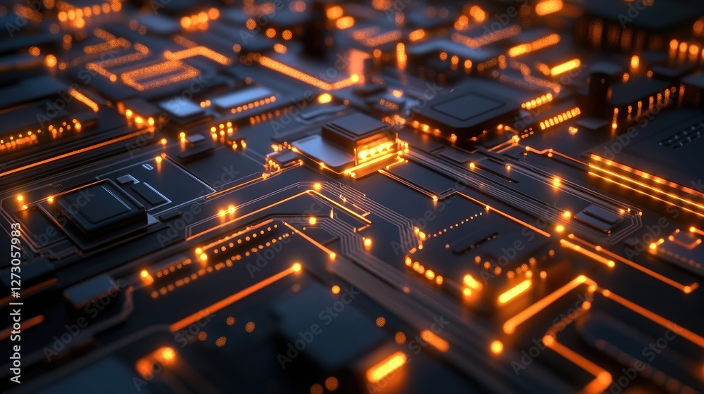 Poster Glowing digital elements on a futuristic circuit board, highlighting the intricate design and technological advancements in modern electronics.