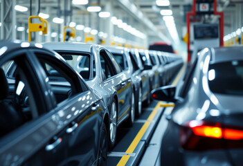 Obraz premium Production at a busy car manufacturing plant shows vehicles on a conveyor belt as machines work efficiently in the assembly process.