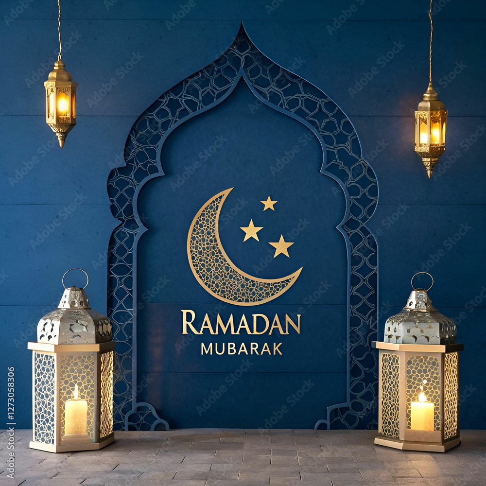 Fototapete elegant ramadan mubarak design with a crescent moon and intricate patterns.