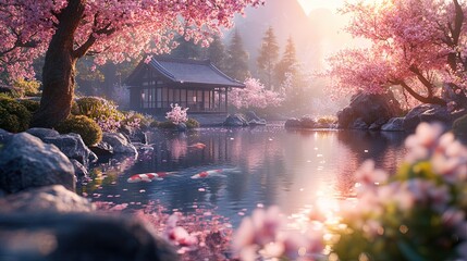A tranquil Japanese zen garden with a koi pond and blooming cherry blossoms, photorealistic, soft sunlight