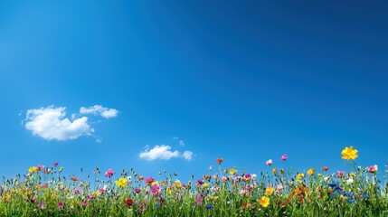 A vibrant wildflower meadow beneath a bright sunny blue sky