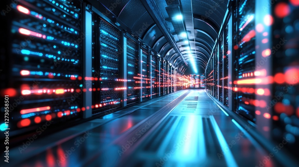Poster Glowing network cables in a high-tech data center tunnel, symbolizing cutting-edge technology and rapid data transmission in a futuristic environment.