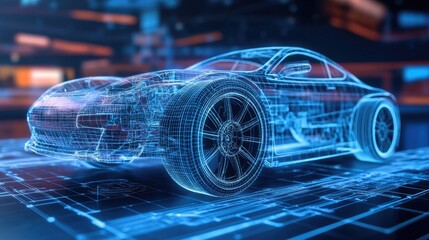 Naklejka premium Holographic car parts, including a wireframe tire, floating above a blueprint, emphasizing the integration of innovation and technology in automotive design.