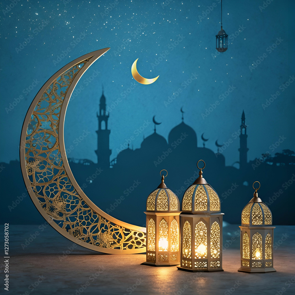 Fototapete elegant ramadan mubarak design with a crescent moon and intricate patterns.