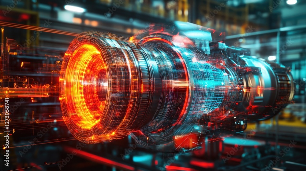 Aufkleber Holographic engine rotating in a factory, glowing with vibrant colors and highlighting intricate design details, showcasing cutting-edge engineering and technology.