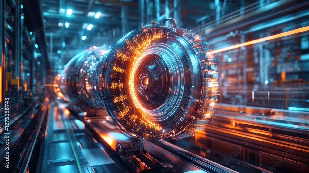 Aufkleber holographic engine rotating in a factory, glowing with vibrant colors and highlighting intricate des