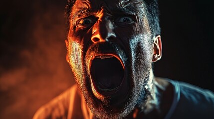 The Roar of Inner Turmoil: A close-up portrait captures the raw intensity of a man's expression as he lets out a primal scream, his face contorted with emotion in a dramatic lighting setting.