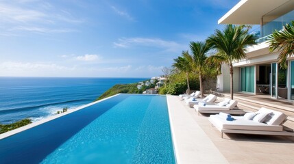 Obraz premium Infinity pool at a luxury oceanfront home, offering sweeping views of the surf and the ocean, creating a serene and elegant setting.