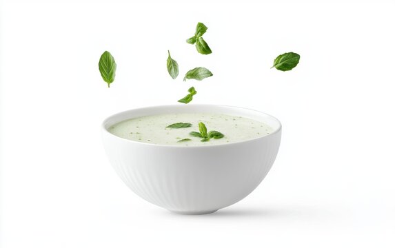 Midair bowl of Thai green curry with coconut milk, isolated on a white background