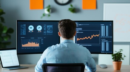 Professional working at dual monitors in a modern office during daytime, analyzing data and trends for strategic decisions