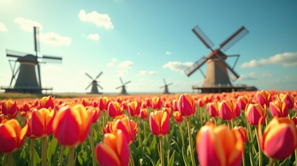 Landscape overflowing with vibrant tulips in every hue, set against a blue sky, where the nature and windmill technology harmoniously coexist, blending rustic charm with modern ingenuity.