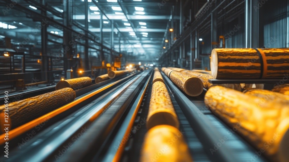 Poster Logs moving along a conveyor belt in a bustling lumber processing factory, emphasizing the scale and precision of industrial timber processing.