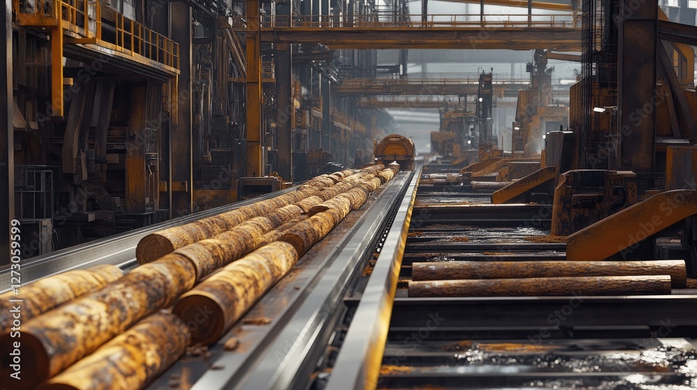 Poster Logs moving along a conveyor belt in a bustling lumber processing factory, emphasizing the scale and precision of industrial timber processing.