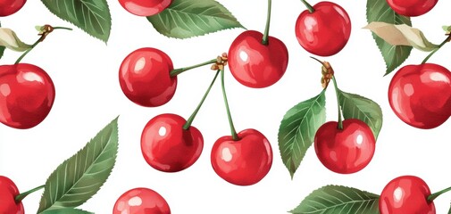 Watercolor-style seamless cherry pattern, vivid red fruits with soft gradients, lush foliage, fresh and elegant botanical background