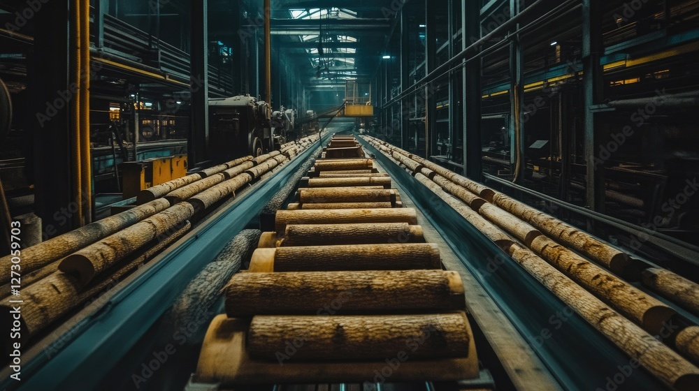Poster logs moving smoothly on a conveyor belt inside a lumber processing factory, showcasing the efficienc