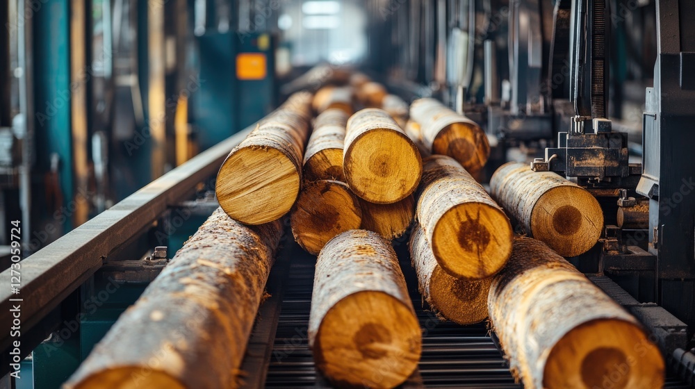 Poster Logs on a conveyor belt inside a lumber processing facility, capturing the industrial machinery and efficient workflow in the timber production process.