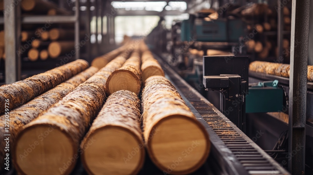 Poster Logs on a conveyor belt inside a lumber processing facility, capturing the industrial machinery and efficient workflow in the timber production process.