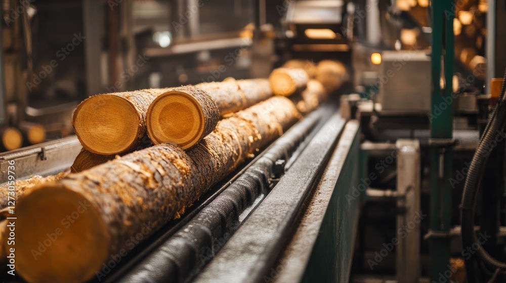 Poster Logs on a conveyor belt inside a lumber processing facility, capturing the industrial machinery and efficient workflow in the timber production process.