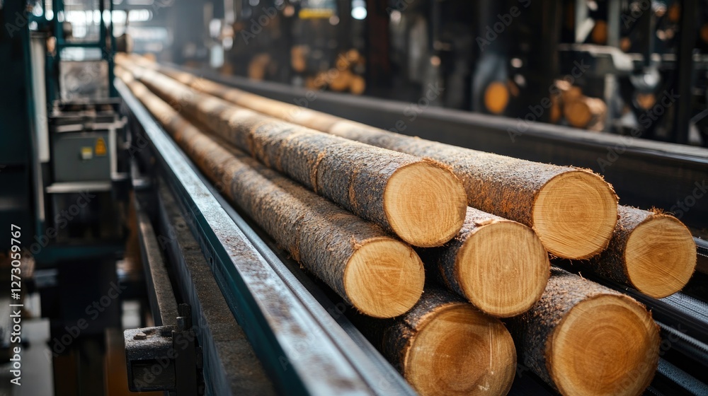 Poster Logs on a conveyor belt inside a lumber processing facility, capturing the industrial machinery and efficient workflow in the timber production process.