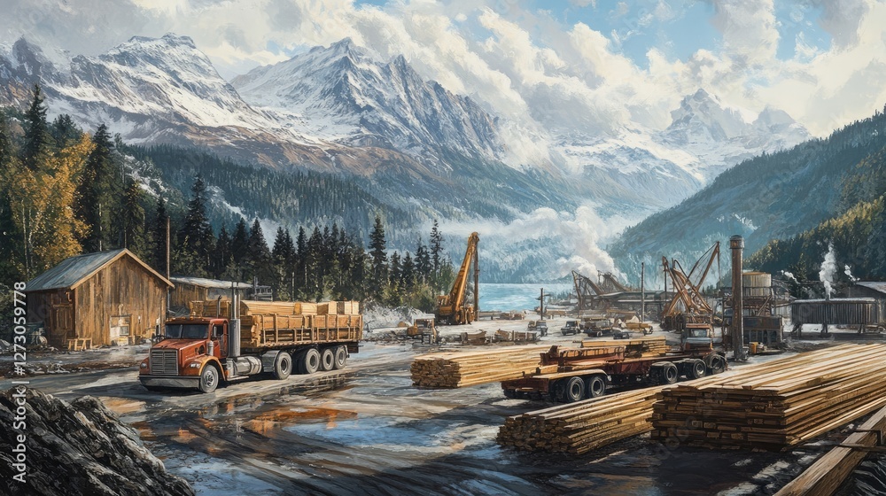Poster lumber trucks loading cargo in a sawmill surrounded by mountain scenery, capturing the industrious a