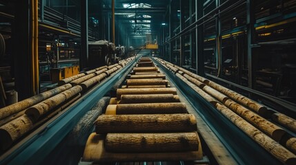 Obraz premium Logs moving smoothly on a conveyor belt inside a lumber processing factory, showcasing the efficiency and machinery of the wood production process.