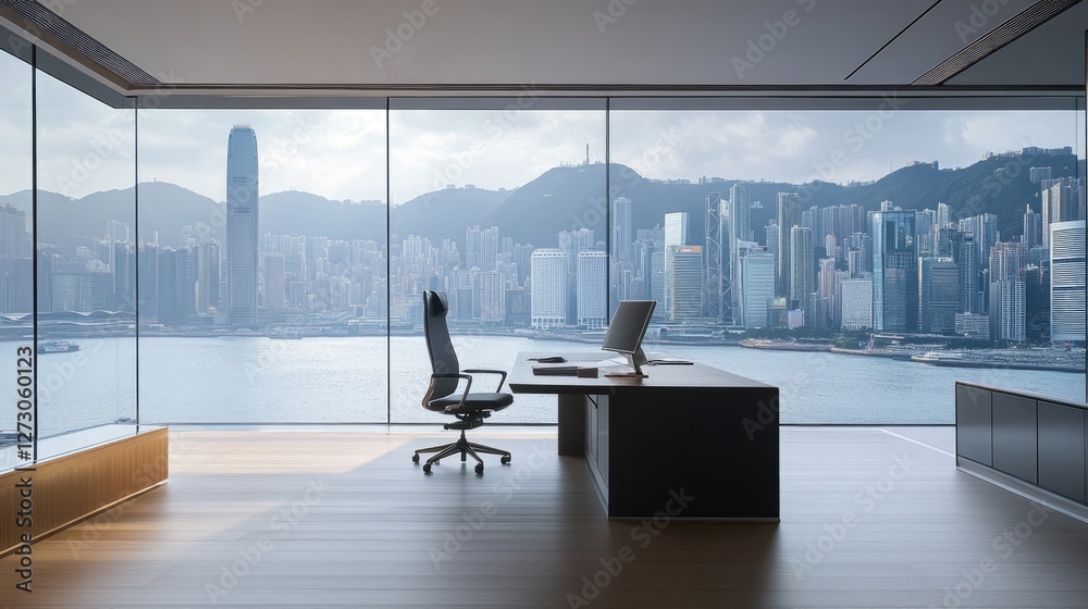 Poster modern office space with a minimalist design, featuring an incredible view of hong kong's skyline an