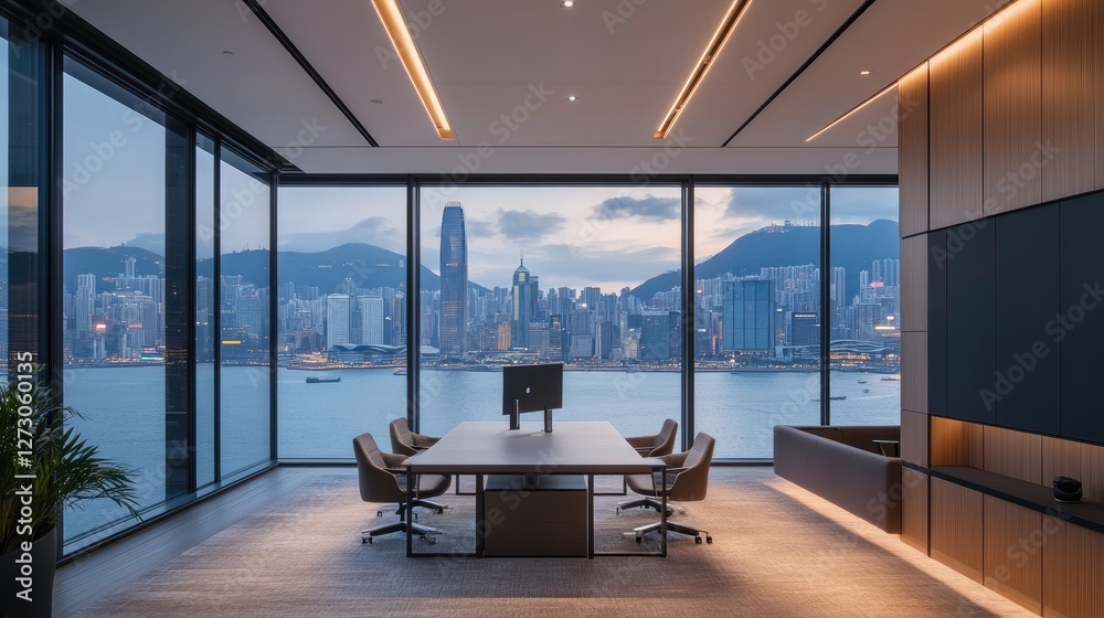 Poster modern office space with a minimalist design, featuring an incredible view of hong kong's skyline an