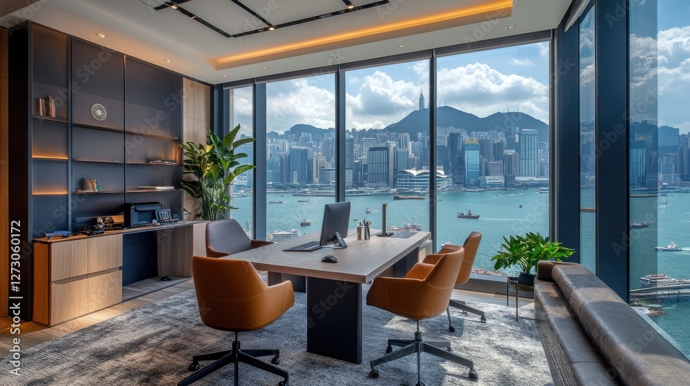 Poster modern office space with a minimalist design, featuring an incredible view of hong kong's skyline an