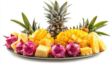 Midair tropical fruit platter with mango, dragon fruit, and pineapple, isolated on a white background
