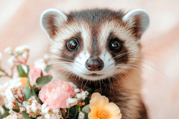 Cute ferret with flowers in soft pastel background animal portrait adorable mood