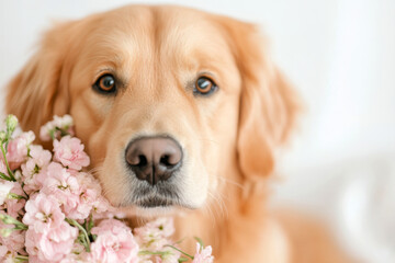 Golden retriever with pink flowers serene portrait of adorable dog with soft expression