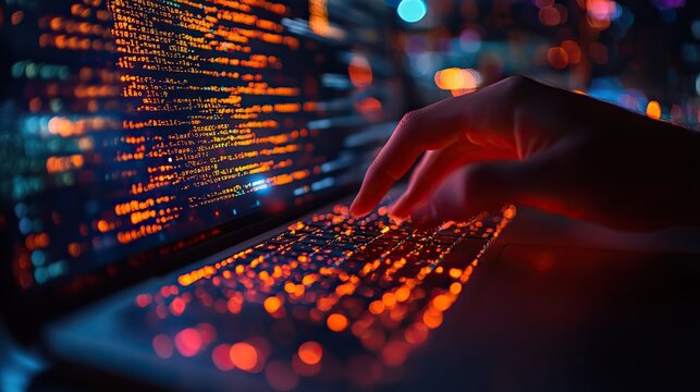 software development concept coding programmer software engineer working on laptop with javascript computer code on virtual screen internet of things iot digital technology