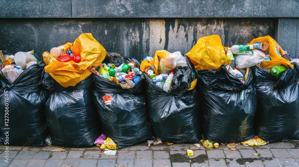 Poster overflowing trash bags with separated recyclables, symbolizing the need for proper waste management 