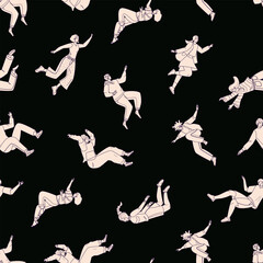 Trendy endless unique wallpaper with flying stylish people. Multi-ethnic community. Movement in air, falling young characters in different poses, happy guys and girls. Black and white background