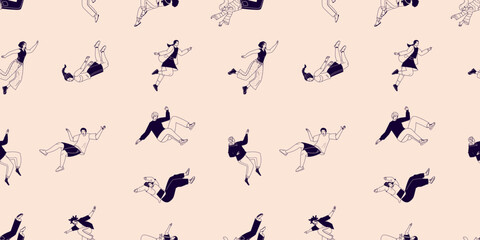 Trendy endless unique wallpaper with flying stylish people. Multi-ethnic community. Movement in air, falling young characters in different poses, happy guys and girls. Black and white background