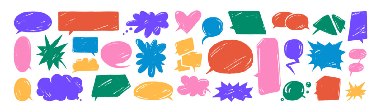 Set of colourful speech bubble in doodle style. Drawing talk clouds, text box with different shapes. Messages, thoughts. Communication, conversation, chat. Flat isolated vector illustrations on white