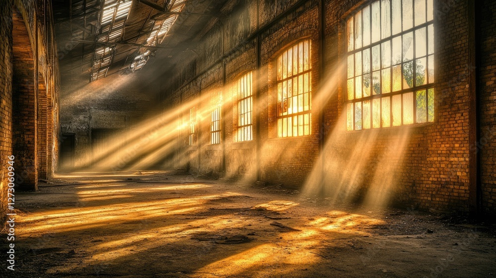 Poster rays of sunlight streaming through large industrial windows in an abandoned factory, illuminating th