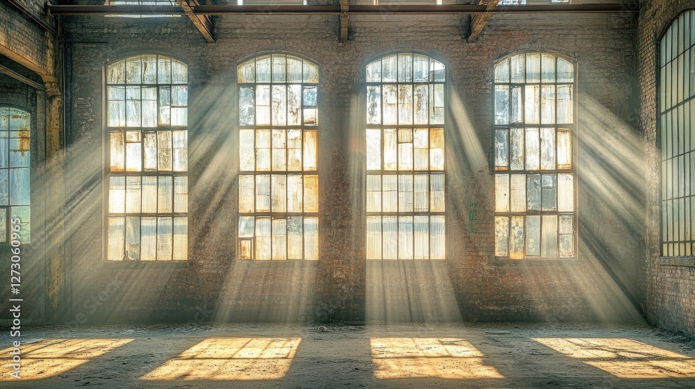 Poster rays of sunlight streaming through large industrial windows in an abandoned factory, illuminating th