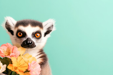 Obraz premium Lemur with colorful flowers against pastel green background for whimsical wildlife