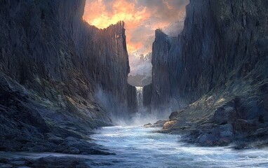 A narrow mountain pass with dramatic cliffs towering above a rushing river