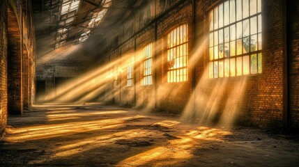 Rays of sunlight streaming through large industrial windows in an abandoned factory, illuminating the dusty interior and creating a melancholic atmosphere.