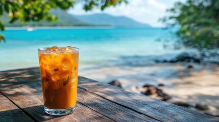 Iced coffee beachside tropical paradise relaxation