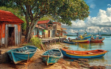 Obraz premium A peaceful fishing village with colorful boats docked along the shore