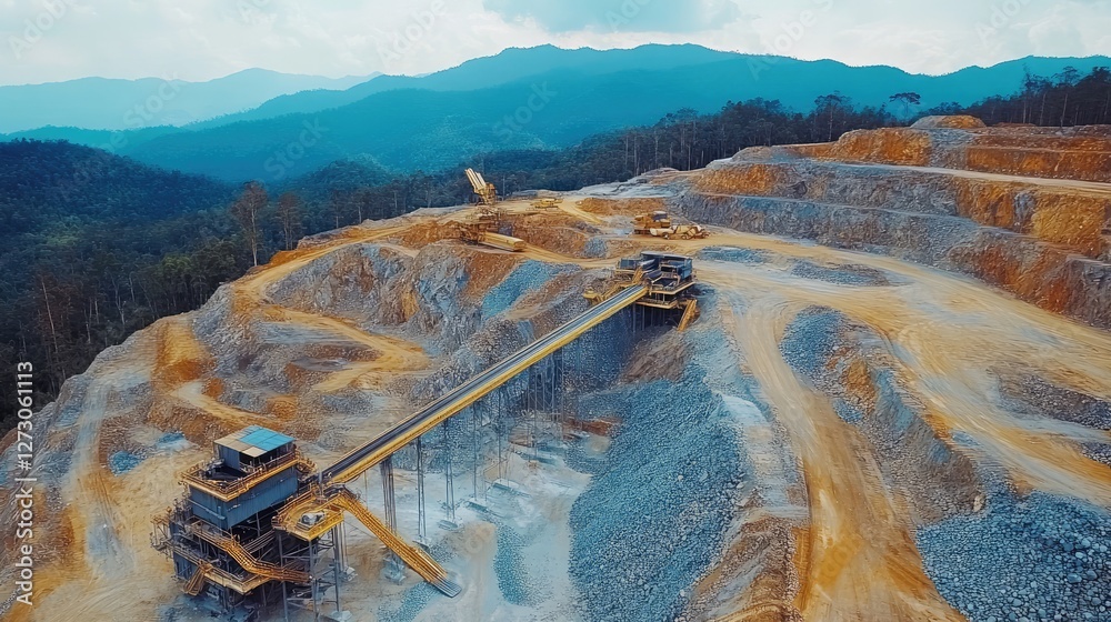 Poster Rocks being transported on a conveyor belt through an open-pit mining site, with the expansive pit and machinery visible in the background.