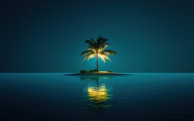Obraz premium A remote island with a single coconut tree and turquoise waters surrounding it