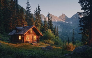 A secluded wooden cabin in the mountains, surrounded by tall fir trees