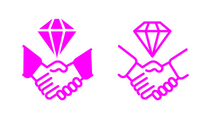 Pink vector illustration depicting handshake icons symbolizing agreement and success. Includes a diamond element representing wealth and value.